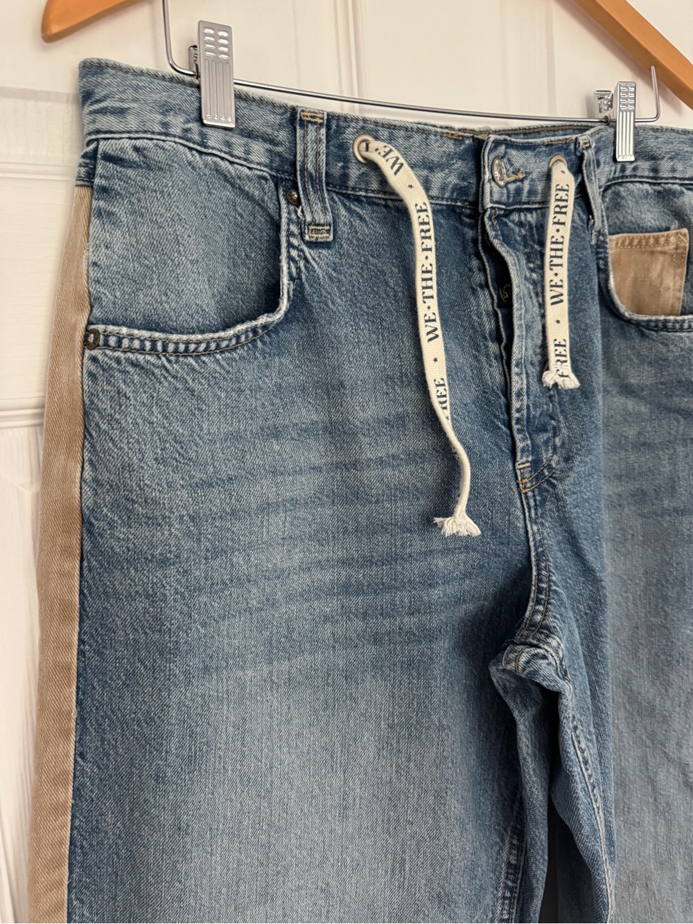 We The Free Zambi Slouchy Boyfriend Jeans in Faded Blue with Tan Stripes - Picture 6 of 16